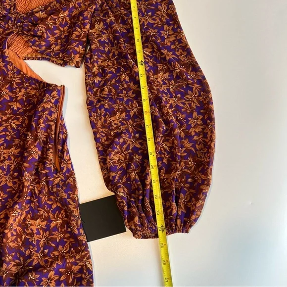 Lulus Dress Size Medium Purple Orange Floral Cutout Tie Front Balloon Sleeve - Picture 12 of 13